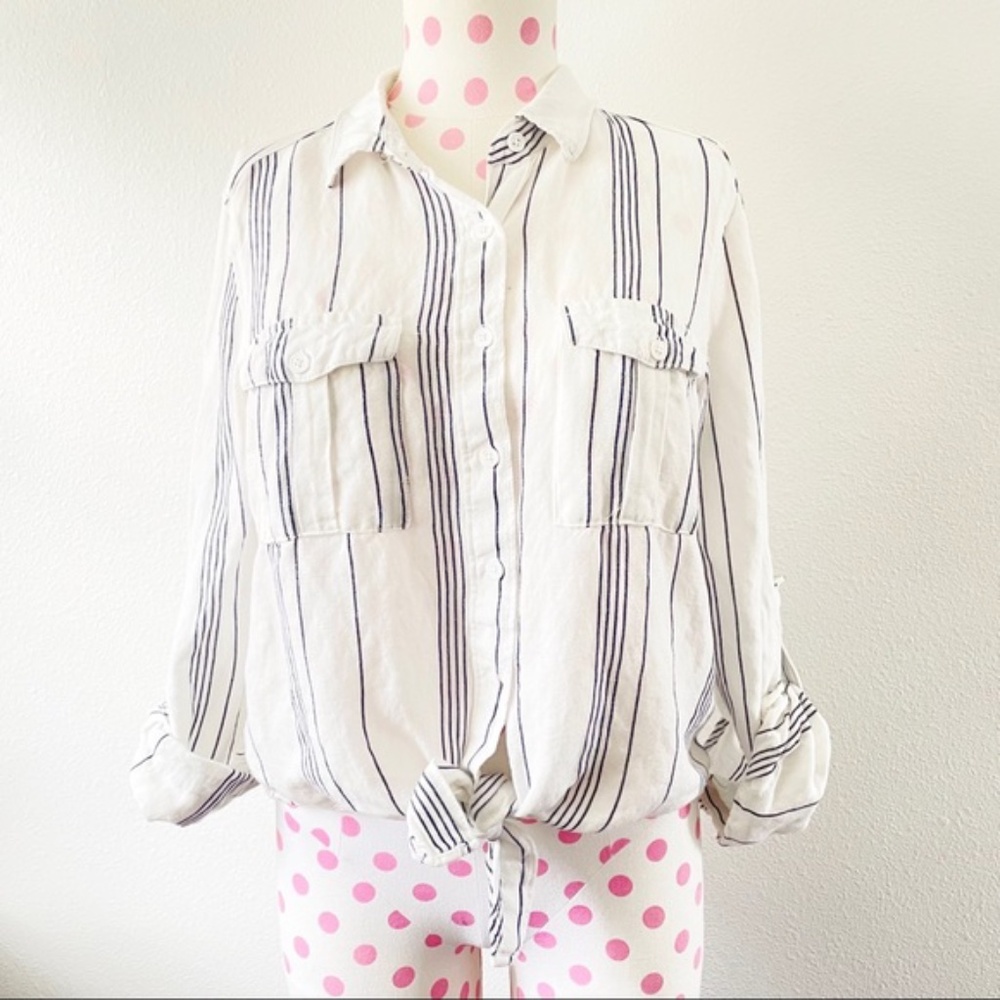 Altar’d State Striped Linen Button Tie Front Top XS Women's White Blue